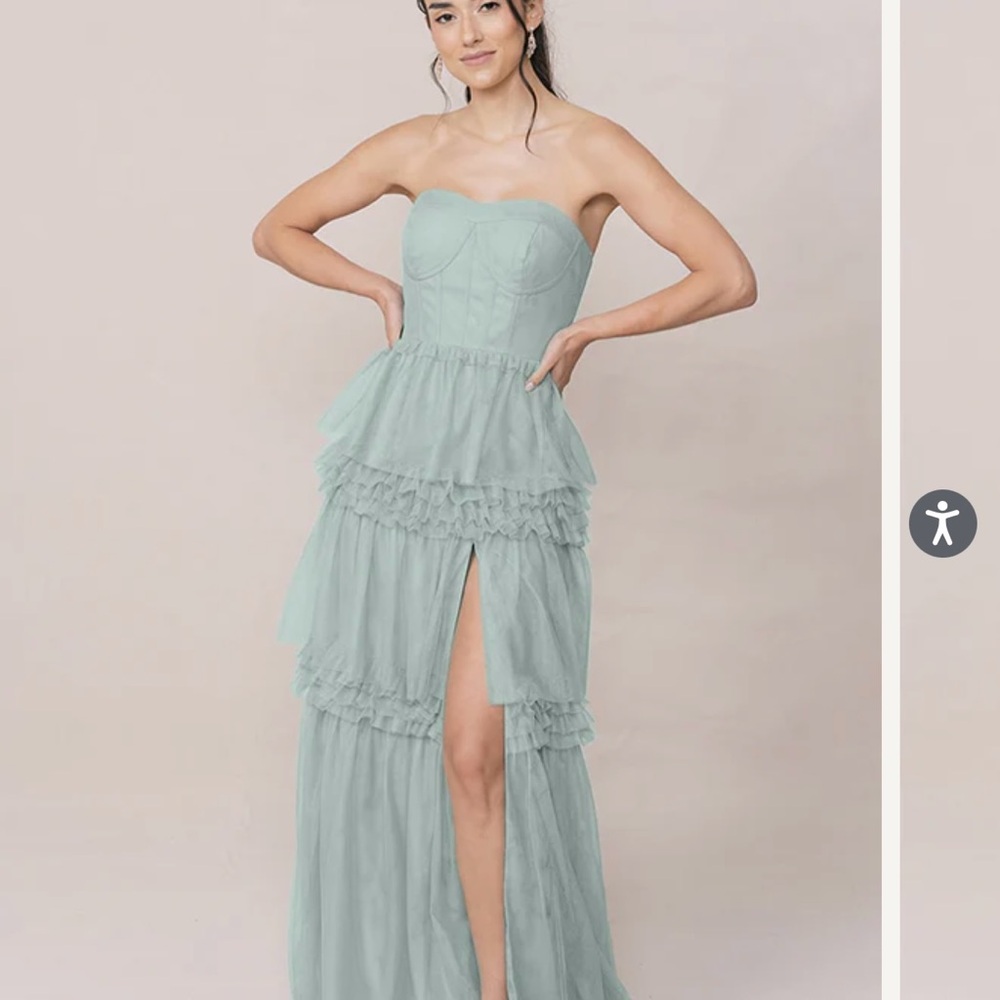 Revelry Green Strapless Ruffled Gown with Slit